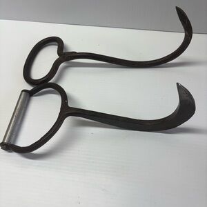 Set of 2 Antique Hand Forged Hay / Ice / Meat Hooks – Metal Handle Iron Tool